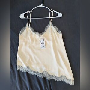 Mango Lace-Trim Satin Camisole - Cream